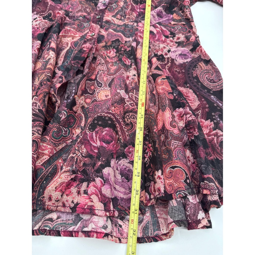 Cino Womens Medium Pink Purple Paisley Floral Crinkle Button Down Tunic Blouse - Picture 9 of 11